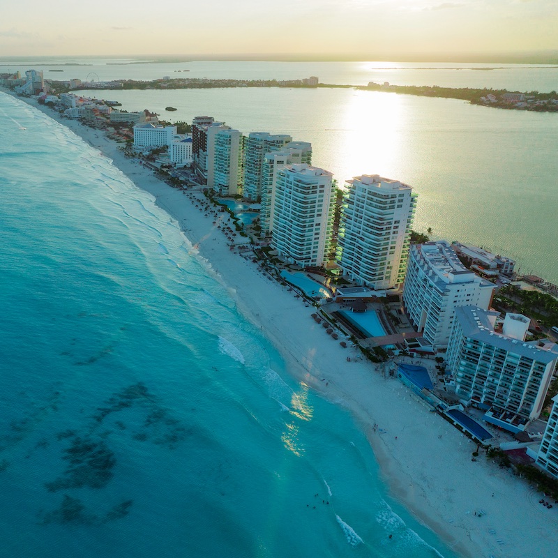 Aerial view of Hotel Zone in Cancun at sunset