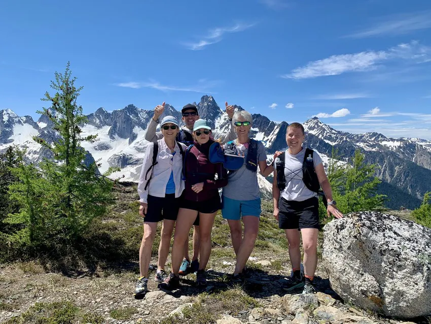 CMH Bugaboos' inaugural heli-running group (from left): Suzanne Morphet, Alanna Spence, Darcye Cuff and Anne Morgenstern. Guide Andy Owens cheers from the back.